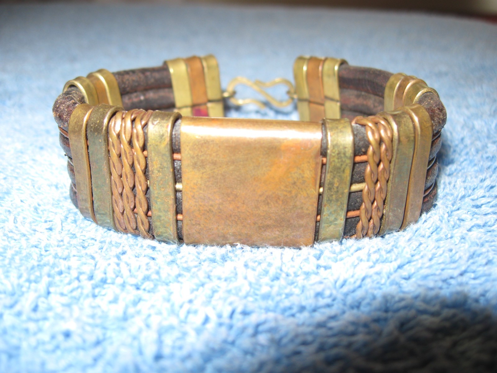 Leather & Brass Bracelet w/Hook Clasp, 3/4″ wide x 3″ Diameter Artisan Made