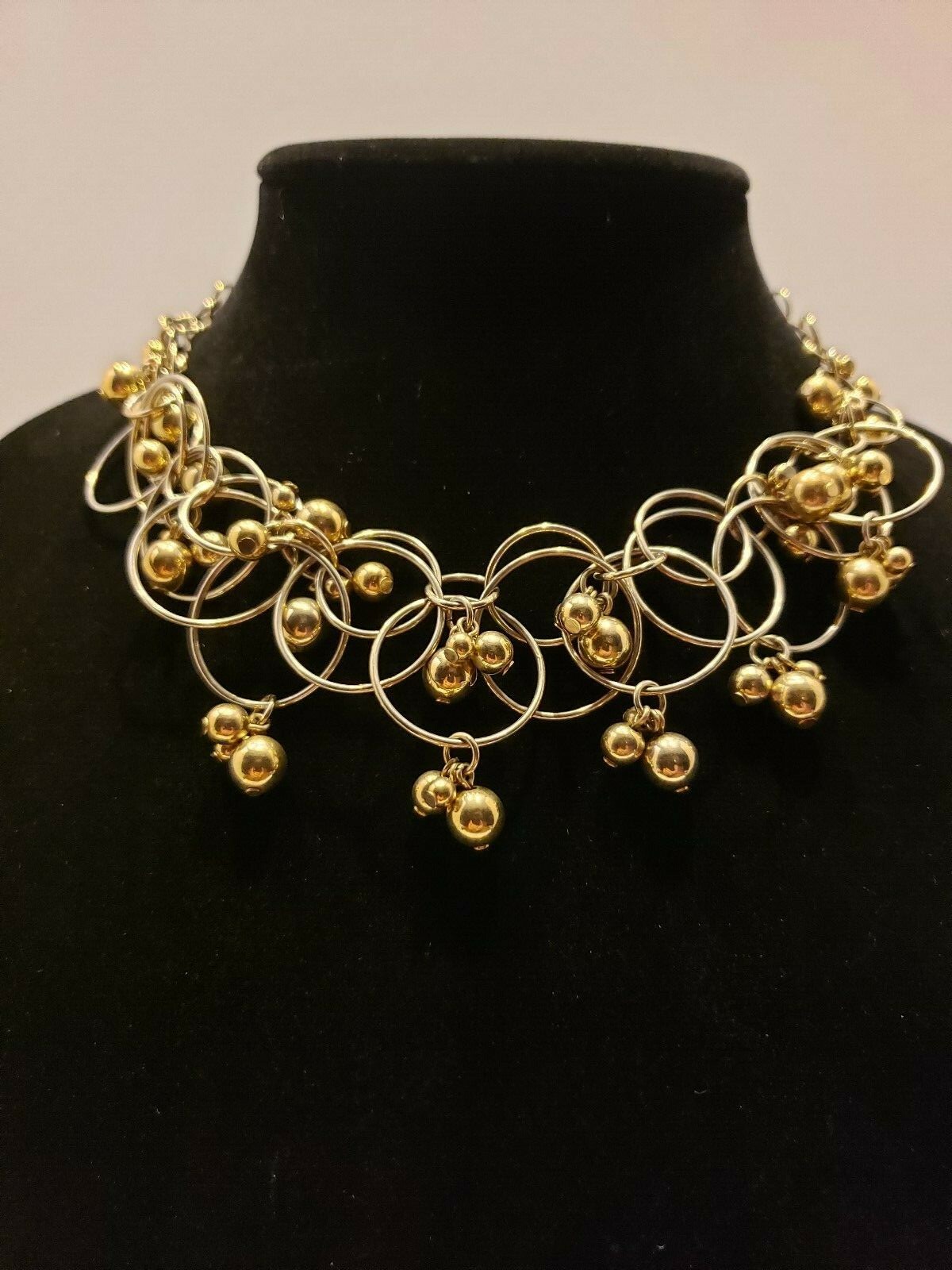 Talbots Statement Necklace Gold Tone Circle,Hoop Dangles 16″ 3″ extender
