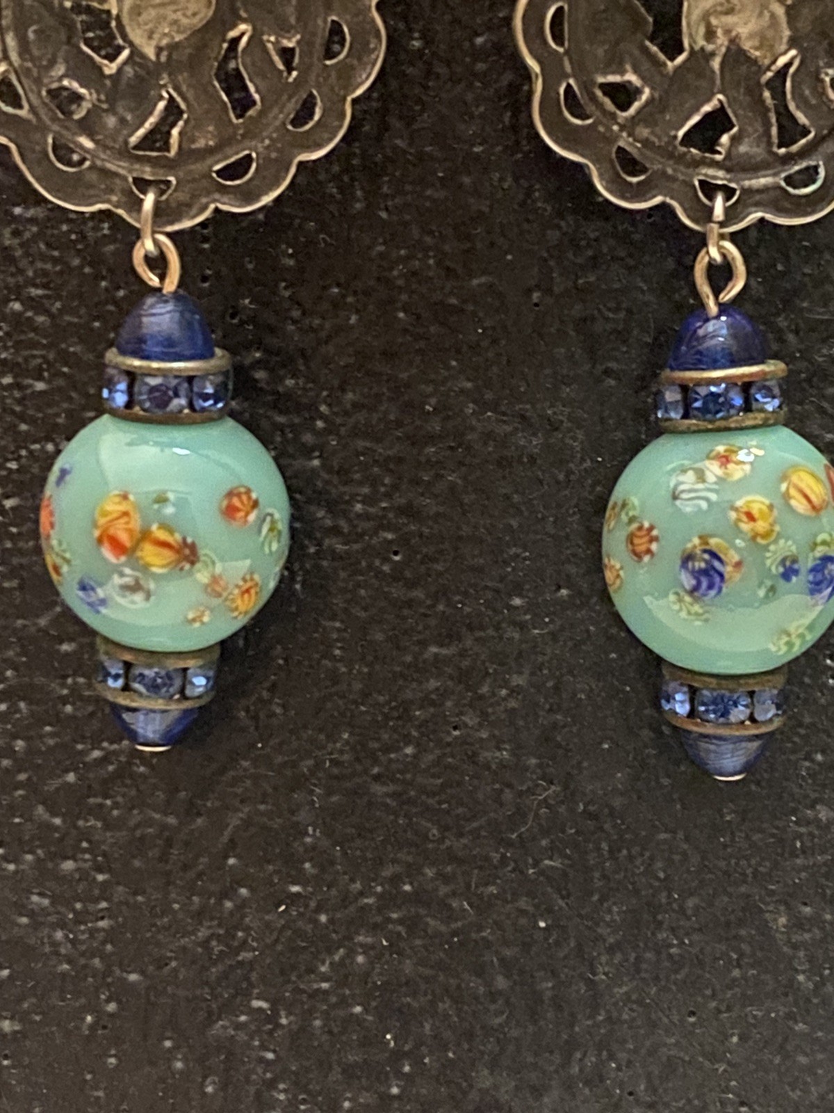 Vintage Asian Themed Colorful Ronde Bosse Enamel Art Glass Rhinestone Earrings