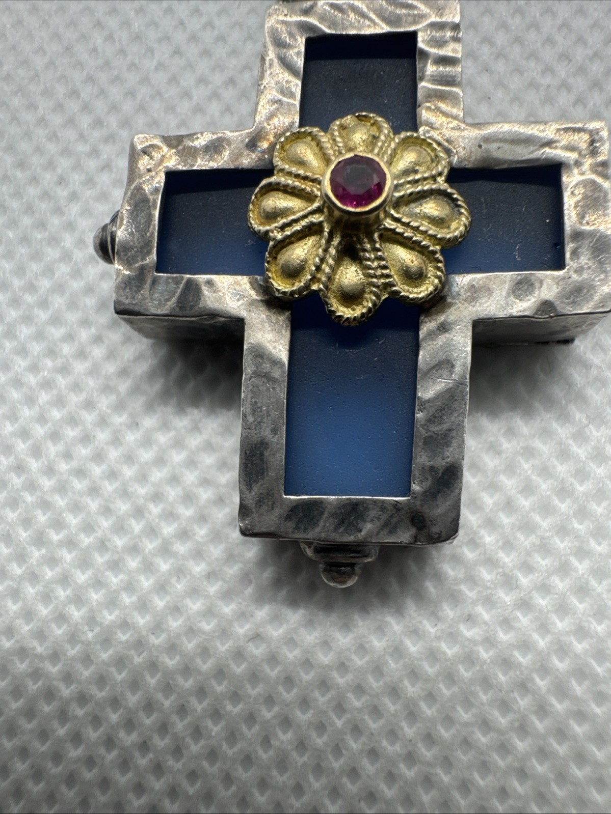 Cross Pendant Blue Glass Sterling Silver 18K Yellow Gold Red Ruby C17