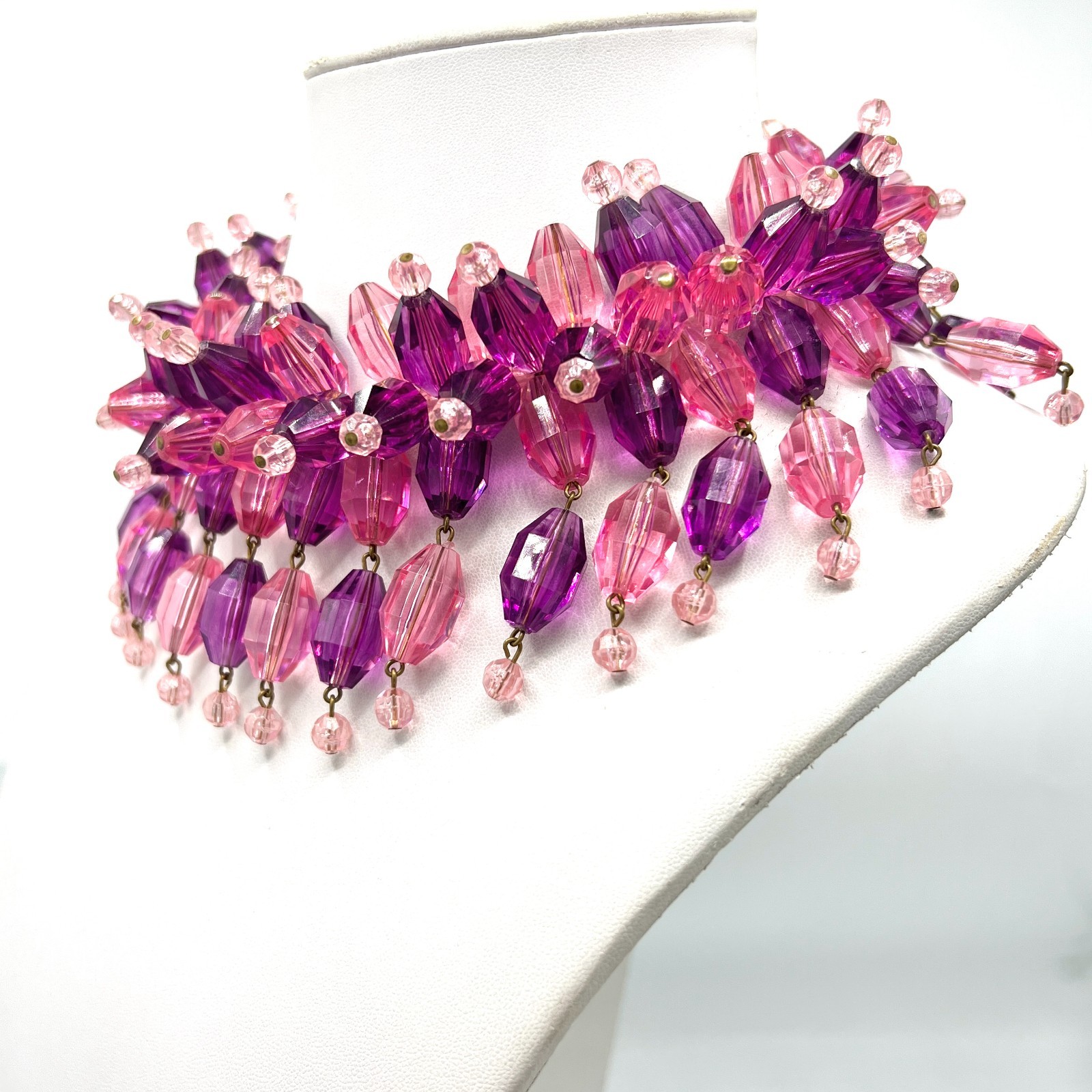 Vintage Pink Purple Faceted Bead Bib Necklace 1960s Cha Cha Fringe Necklace
