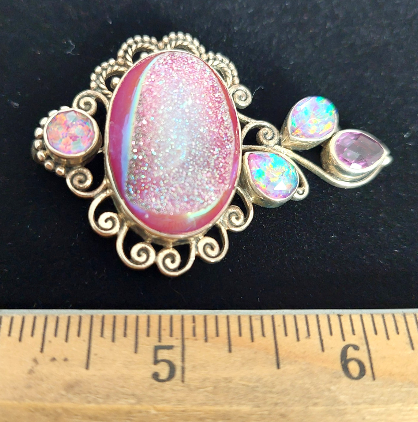 Vintage Sajen 925 Pendant Beautiful Aurora Open Geode Pink Druzy Quartz