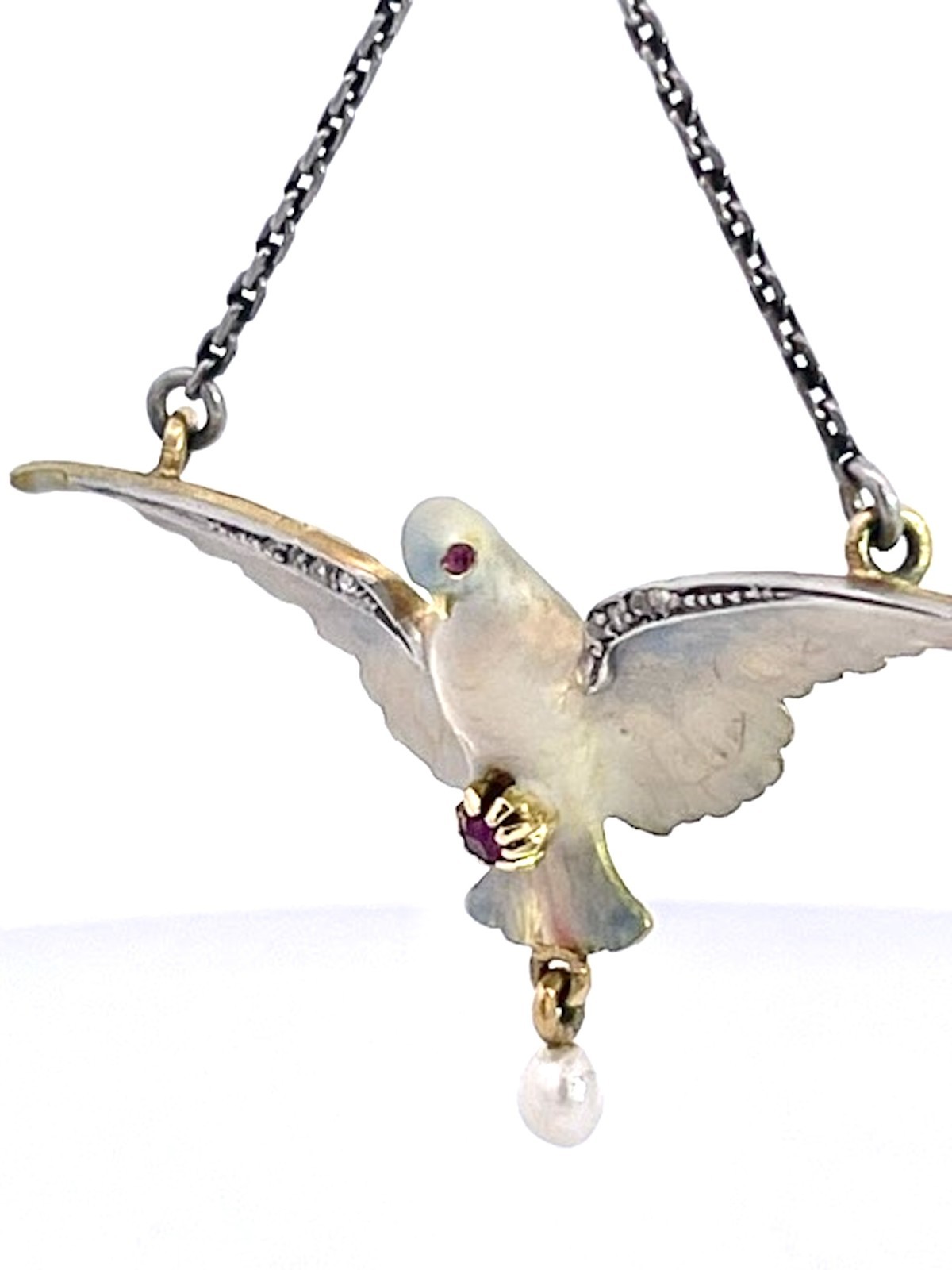 18K Enamel Dove on a Platinum Chain 17″ long