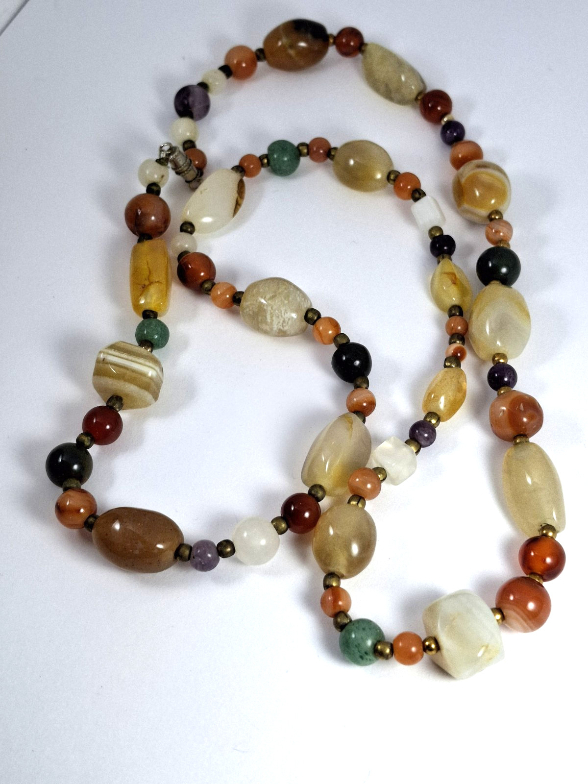 Vintage Necklace Polished Stones Earthtones Mod Boho hippy westerncore brass