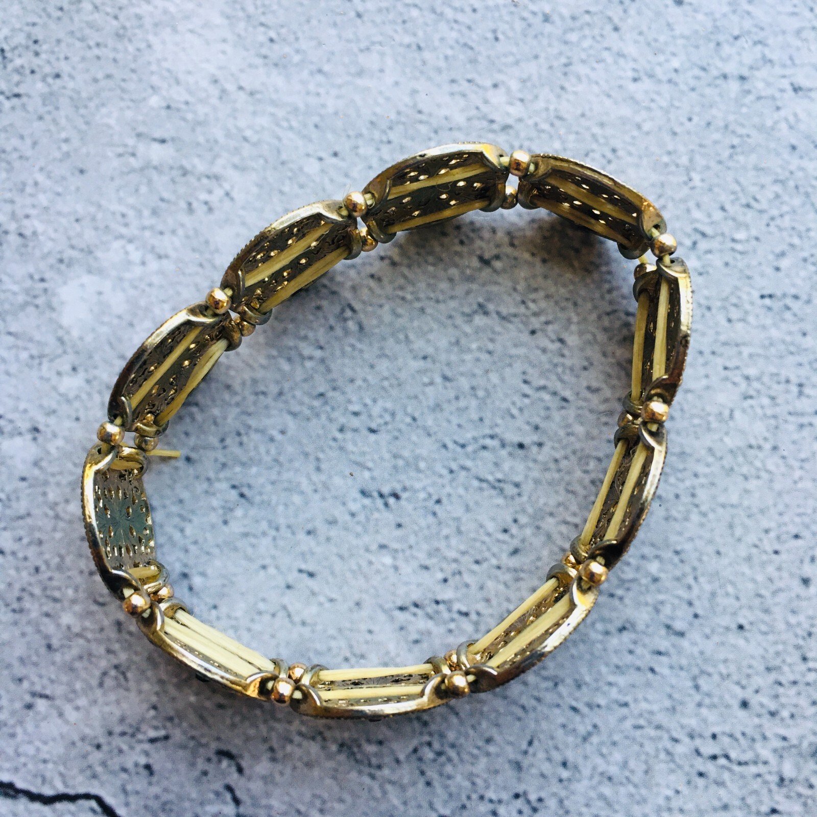 Gold Tone Filigree Multi Colored Rhinestone Expanding Bracelet 4″