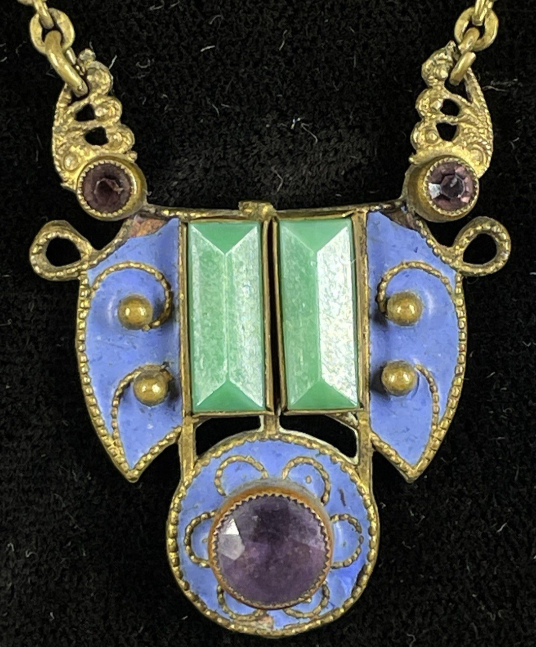 Art Deco Bright Blue Enamel With Green & Purple Stones 13”Choker Necklace