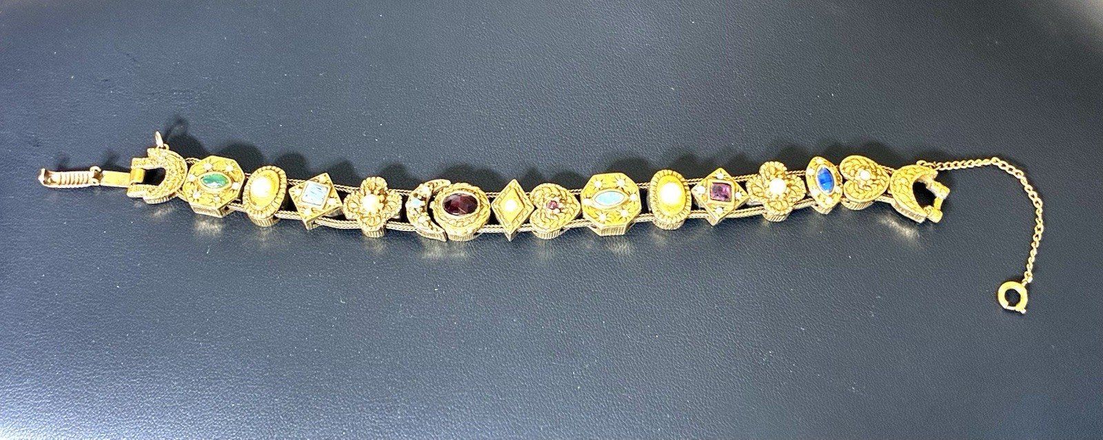 Vintage Victorian Revival Gold Tone Slide/Charm Bracelet, Attributed To Goldette