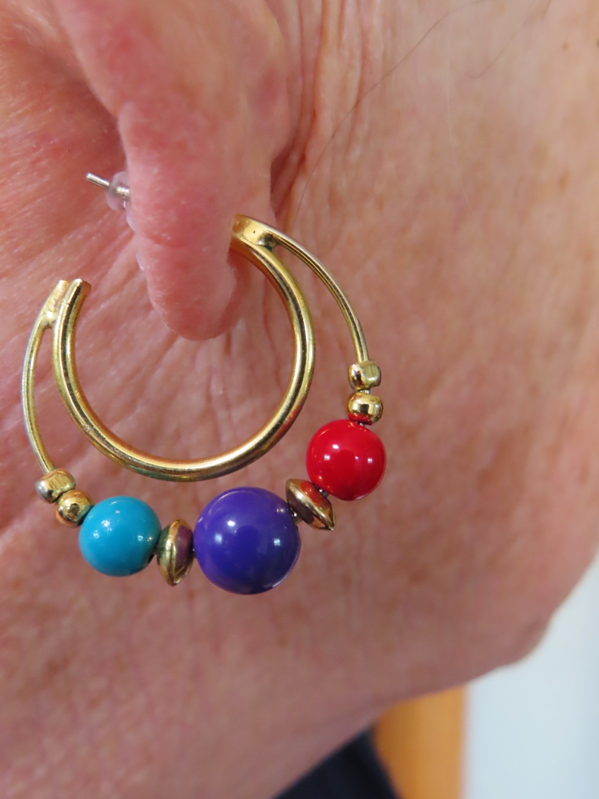 Vintage 1980’s Gold Tone Colorful Ball Hoop Pierced Earrings