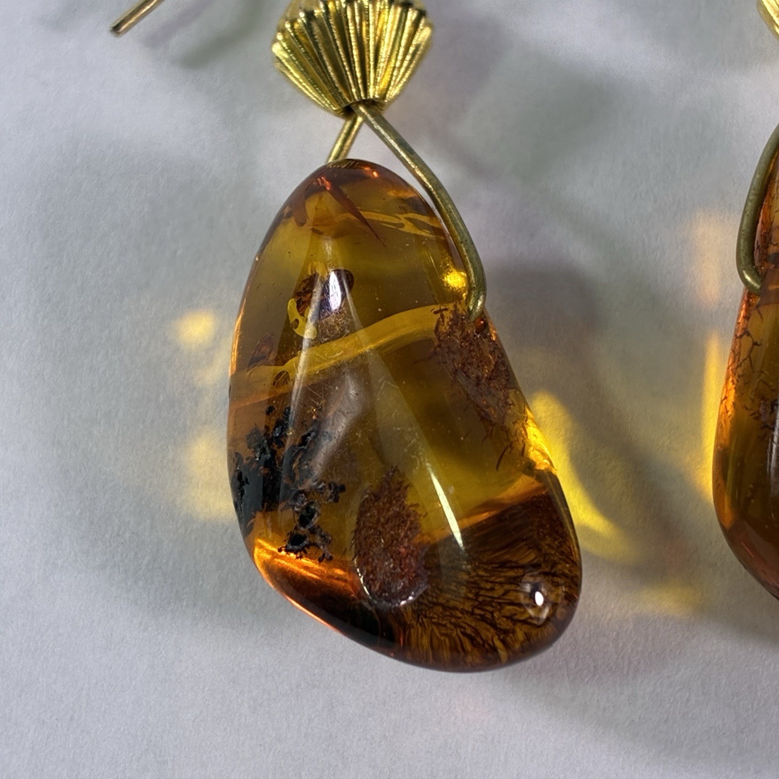 14K Gold Genuine Baltic Honey Amber Yellow Dangle Drop Earrings Art Deco