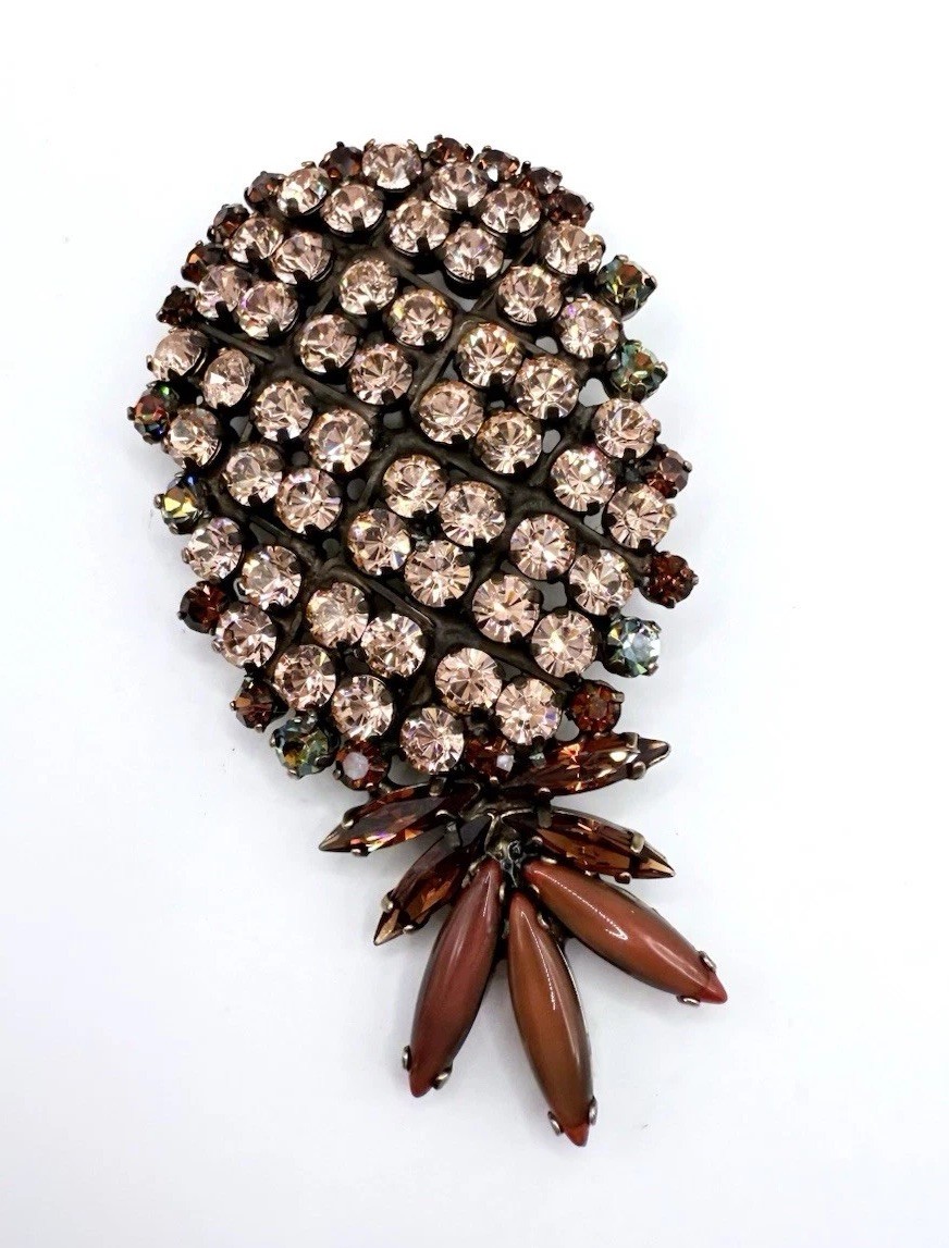 Austrian? Multicolored Topaz & Green Rhinestone Pineapple Brooch Vintage Jewelry