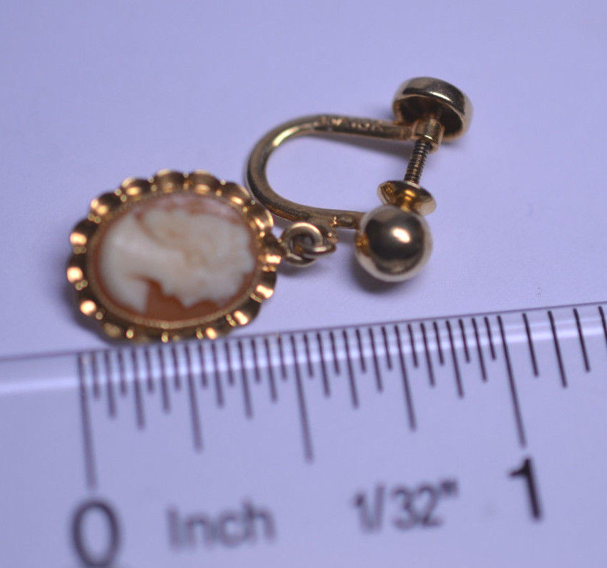 VINTAGE BDA 10K YELLOW GOLD SHELL CAMEO DANGLE SCREW BACK NON-PIERCED EARRINGS