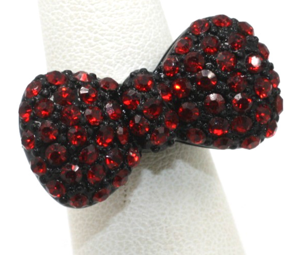 Black enamel finish ruby red rhinestone bow ribbon band ring size 4