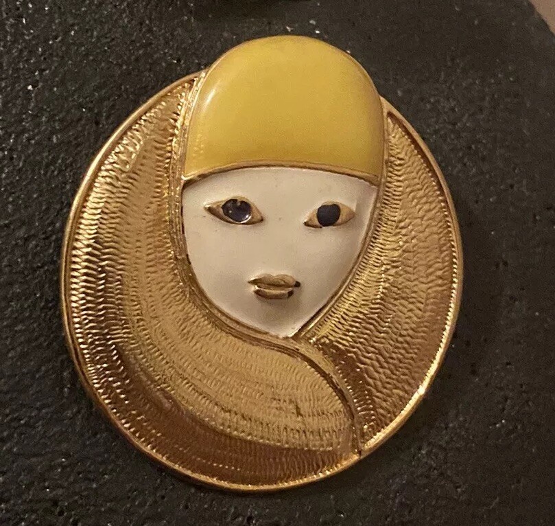 Vtg Signed Orena PARIS Retro Enameled Art Deco French Woman Gold Tone Brooch Pin