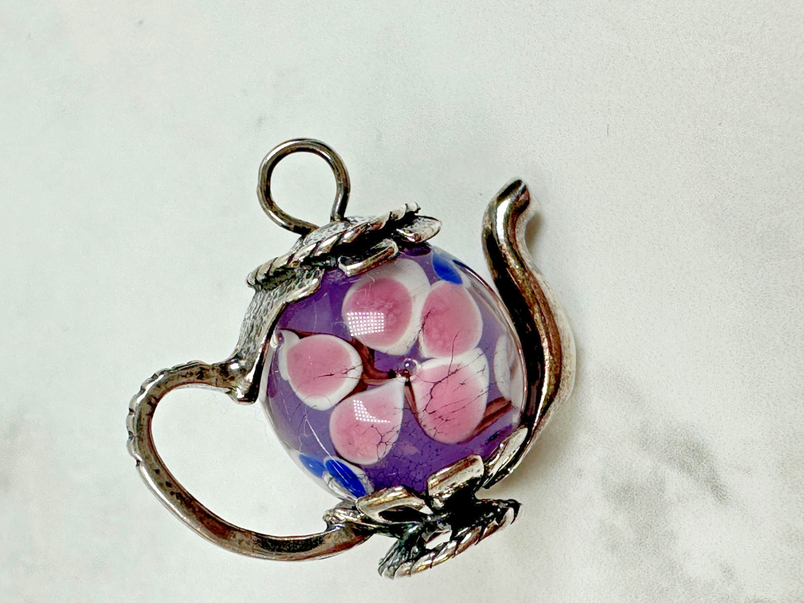 Sterling Silver Floral Pink, Purple, Blue Enamel Mini Teapot Charm – 3/4″