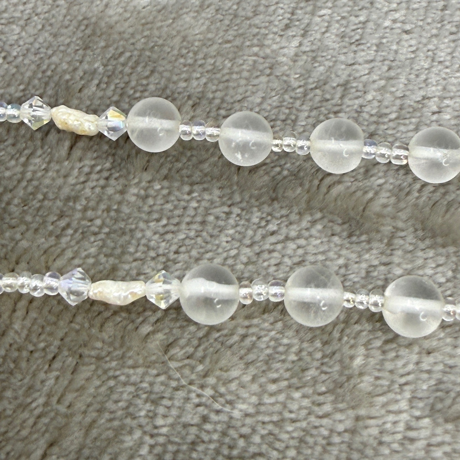 Vintage Frosted Glass AB Crystal Pearl Beaded Necklace Filigree Clasp Iridescent
