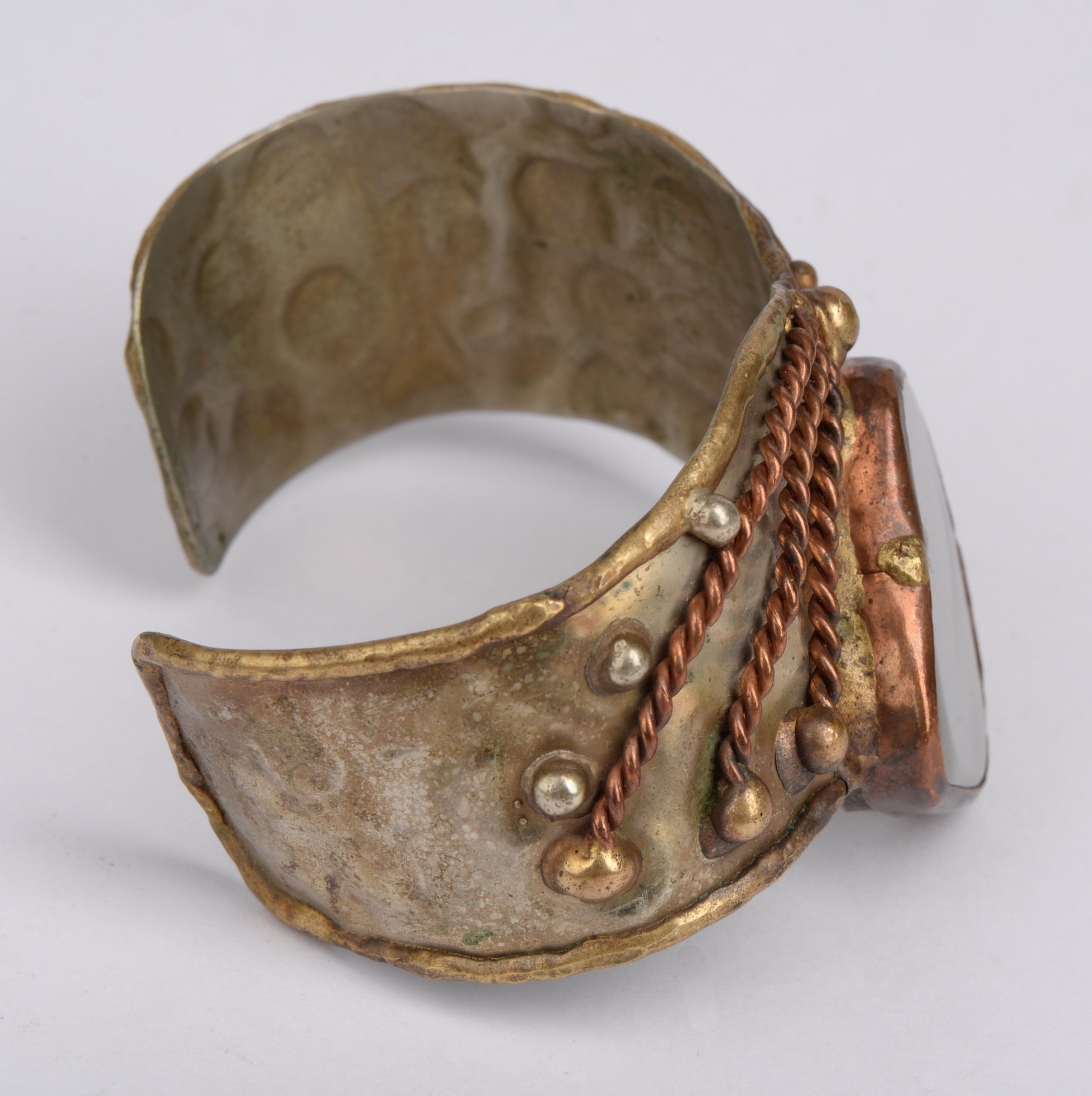 Vintage Mixed Metal Agate Stone Cuff Bracelet Artisan Boho 2.5″