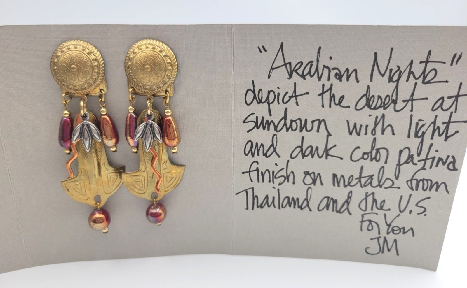 John Michael Richardson “Arabian Nights” Dangle Drop Earrings Brass Copper Glass