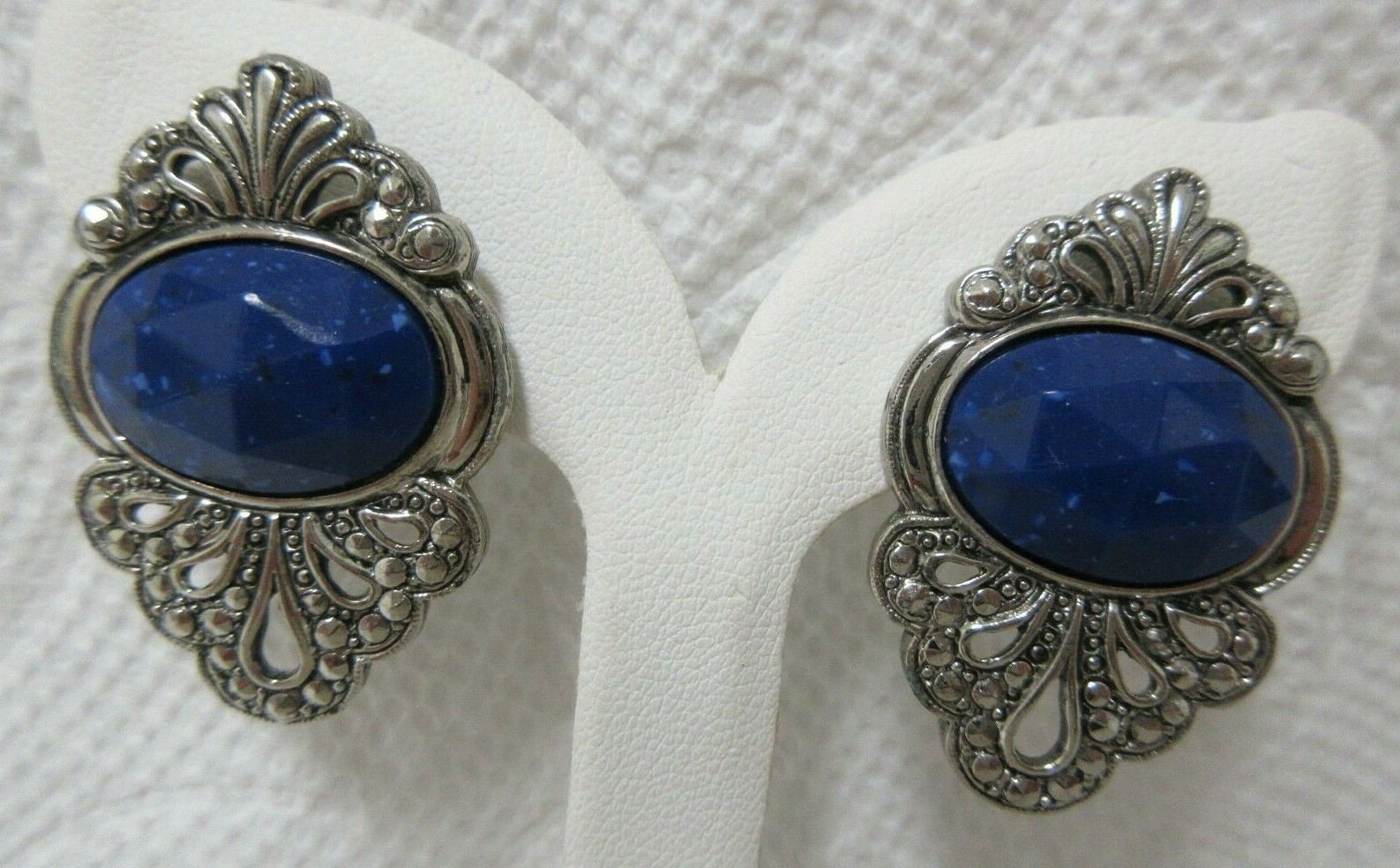 Vintage Silver Tone Faceted Blue with White Dots Faux Marcasite Pierced Earrings