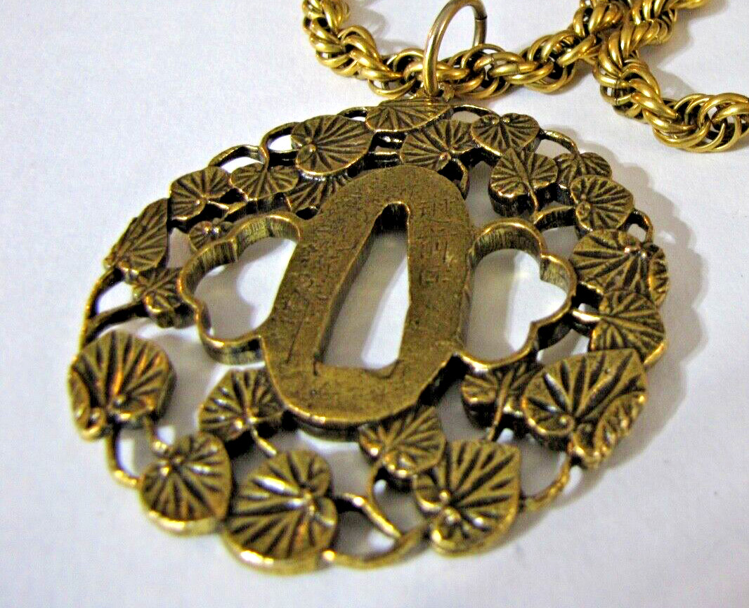 Vintage Alva Museum Replica Hollyhock Tsuba Pendant 30″ Rope Chain Signed Huge