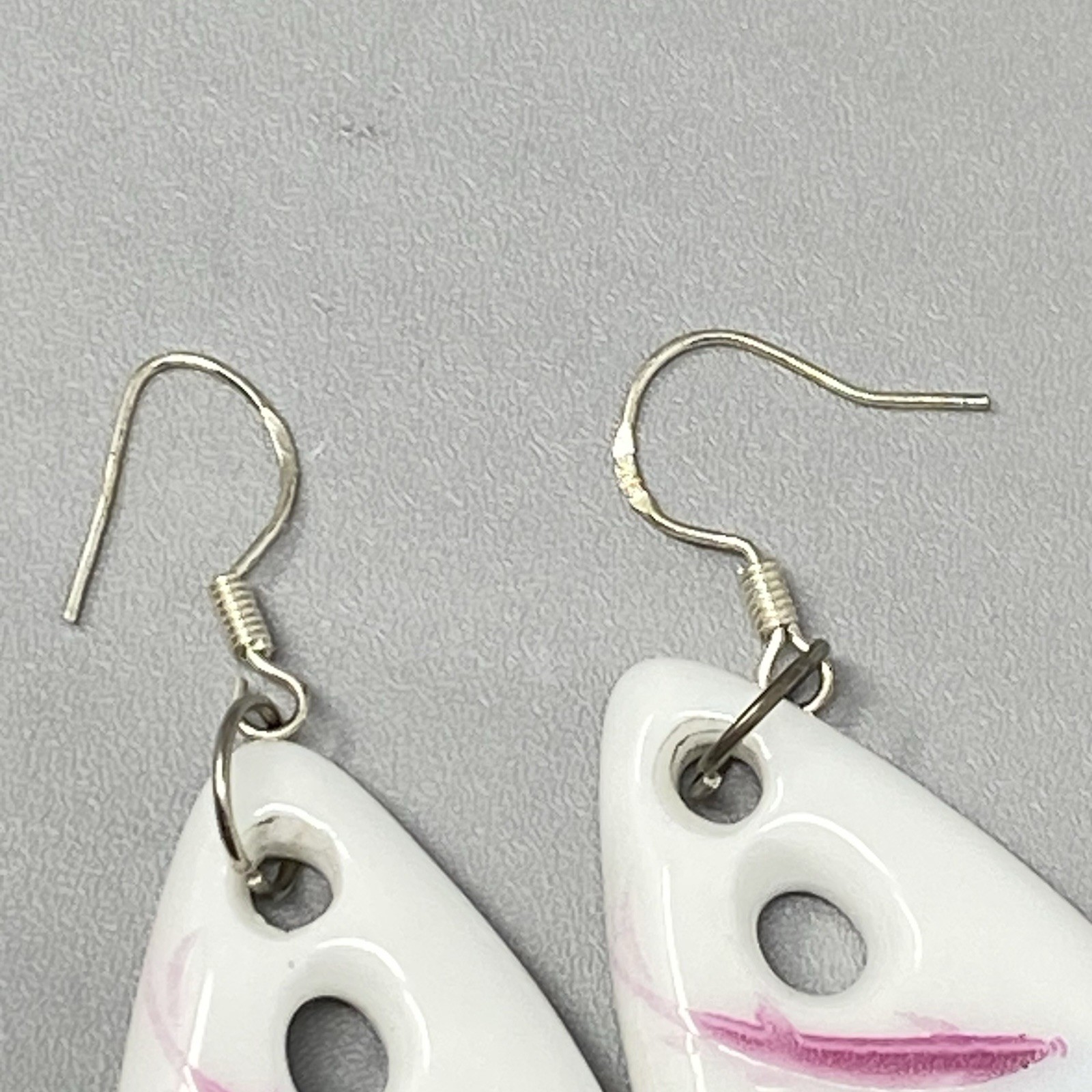 White Glass Bead Earrings Pink Black Splatter Teardrop Pierced Dangle Drop Hook