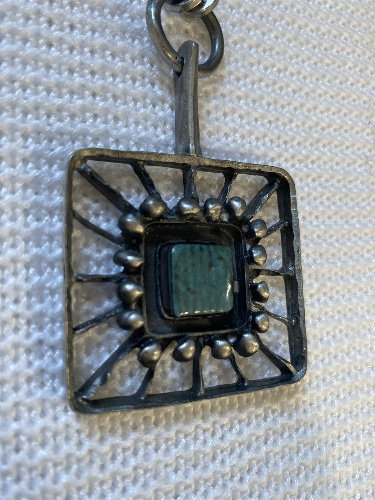LYSGARGS DESIGN Mid-Century Modernist Pewter & Aqua Ceramic Pendant Necklace #56