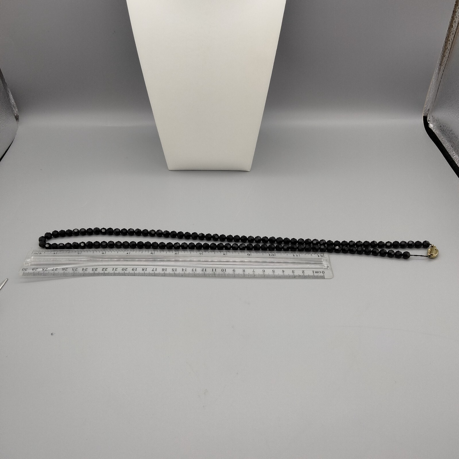 Gothic Goth Black Faceted Glass Mourning Beads 32″ Necklace Vintage Ornate Clasp