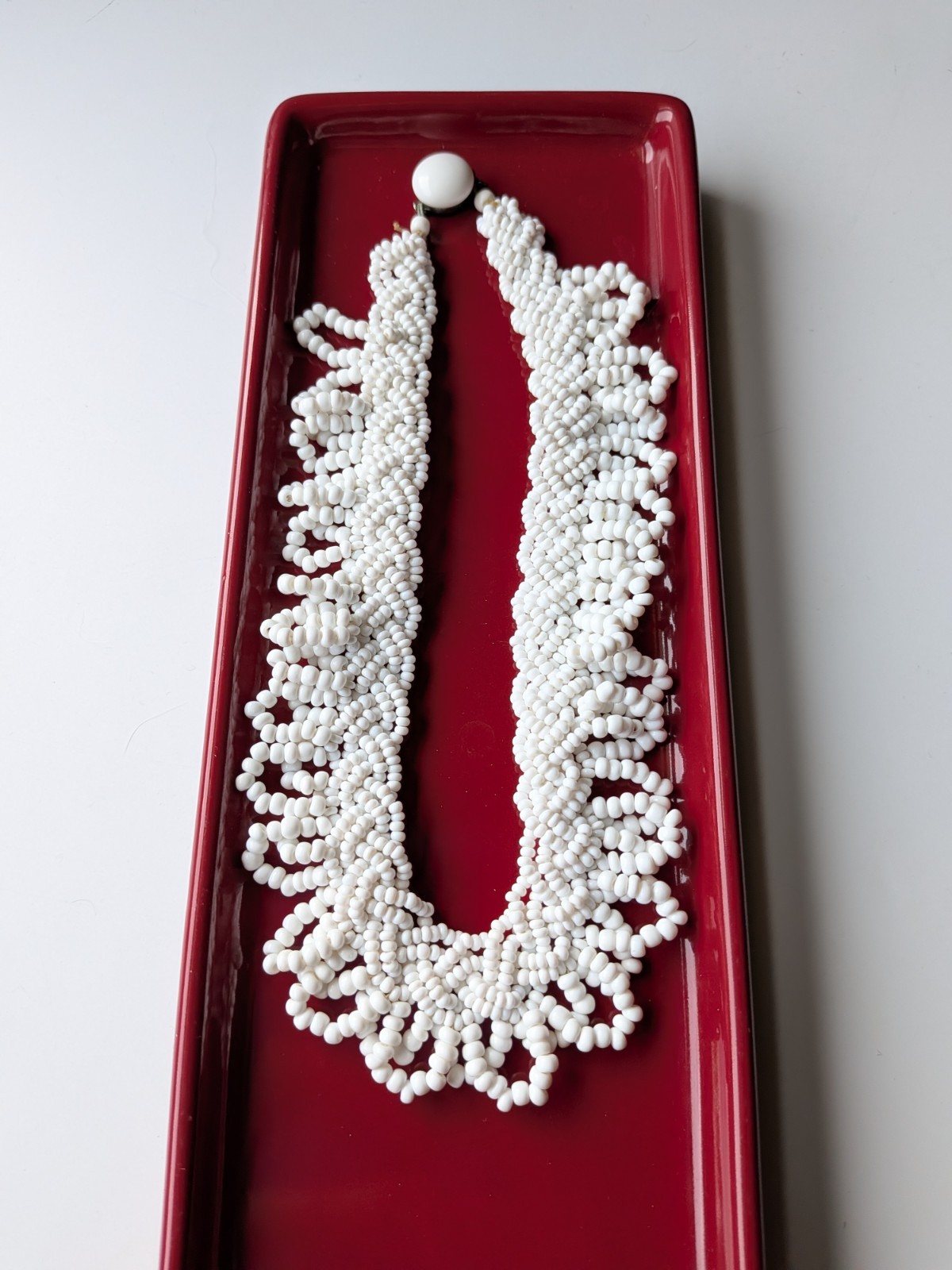 Vtg Japan MCM White Braided Seed Bead Scallop Fringe Collar 15″ Necklace AS IS