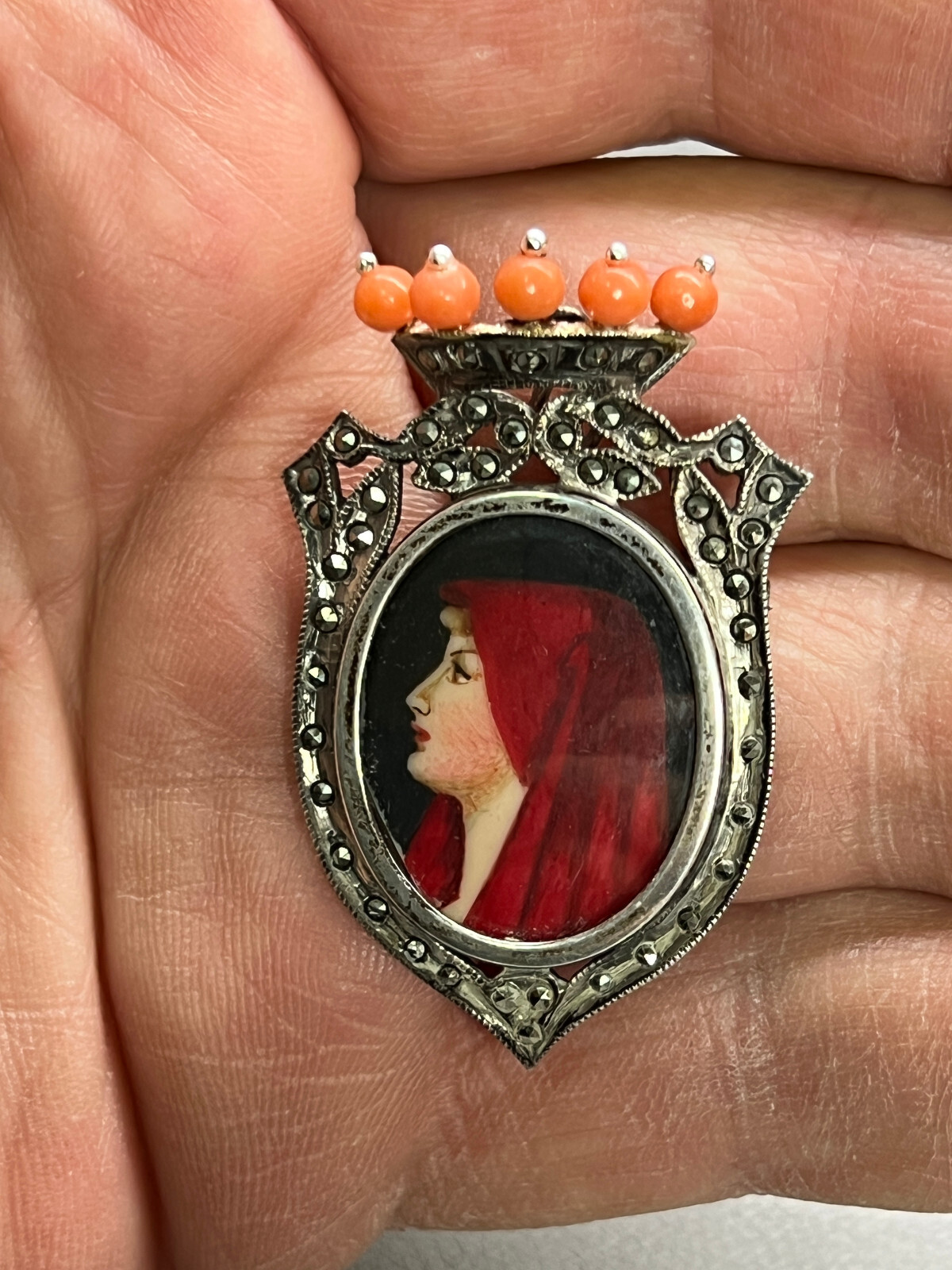 Victorian Pendant Brooch 800 Silver Virgin Mary Marcasite & Coral Hand Painted