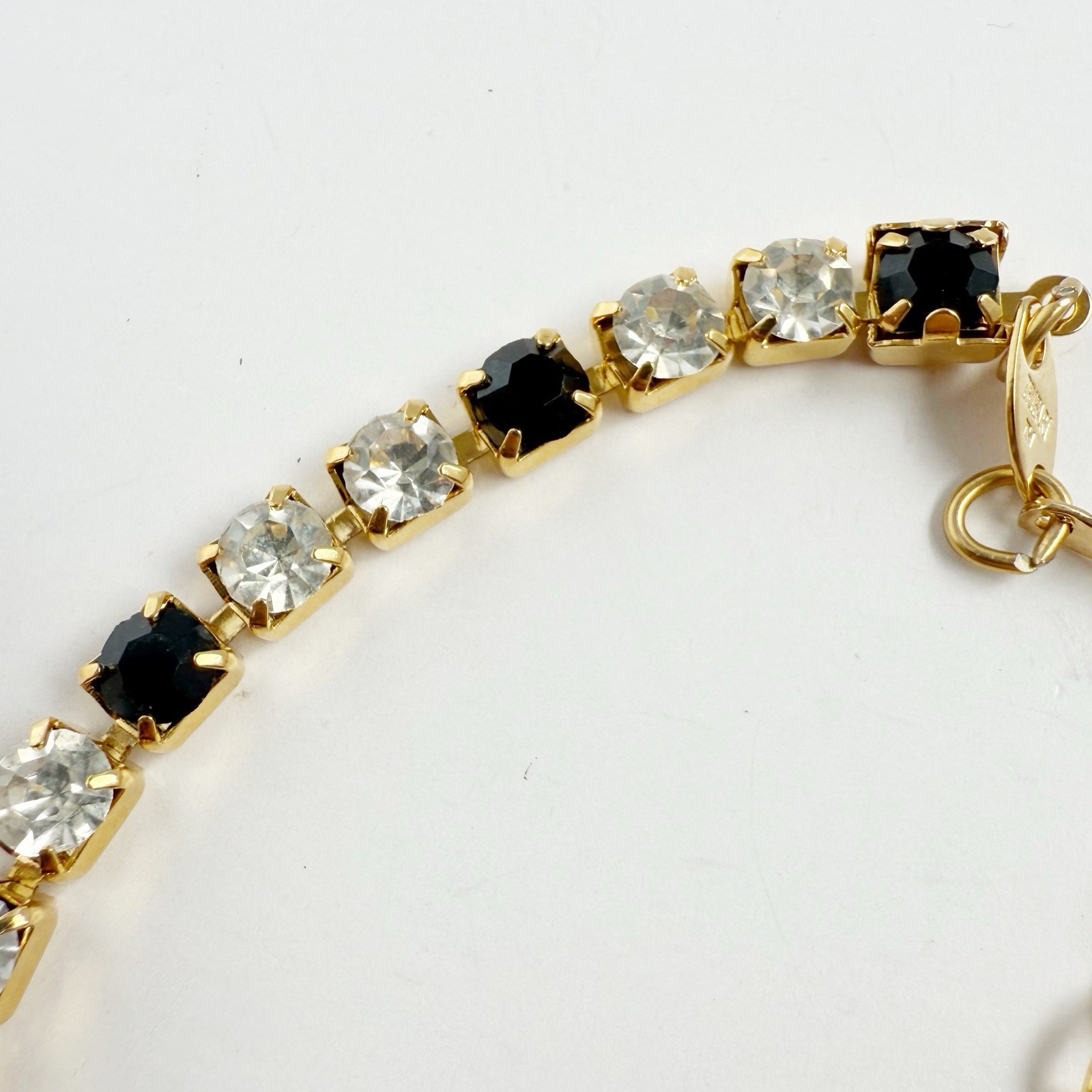 Vintage Trifari Black & Clear Rhinestone Tennis Choker Necklace Goldtone