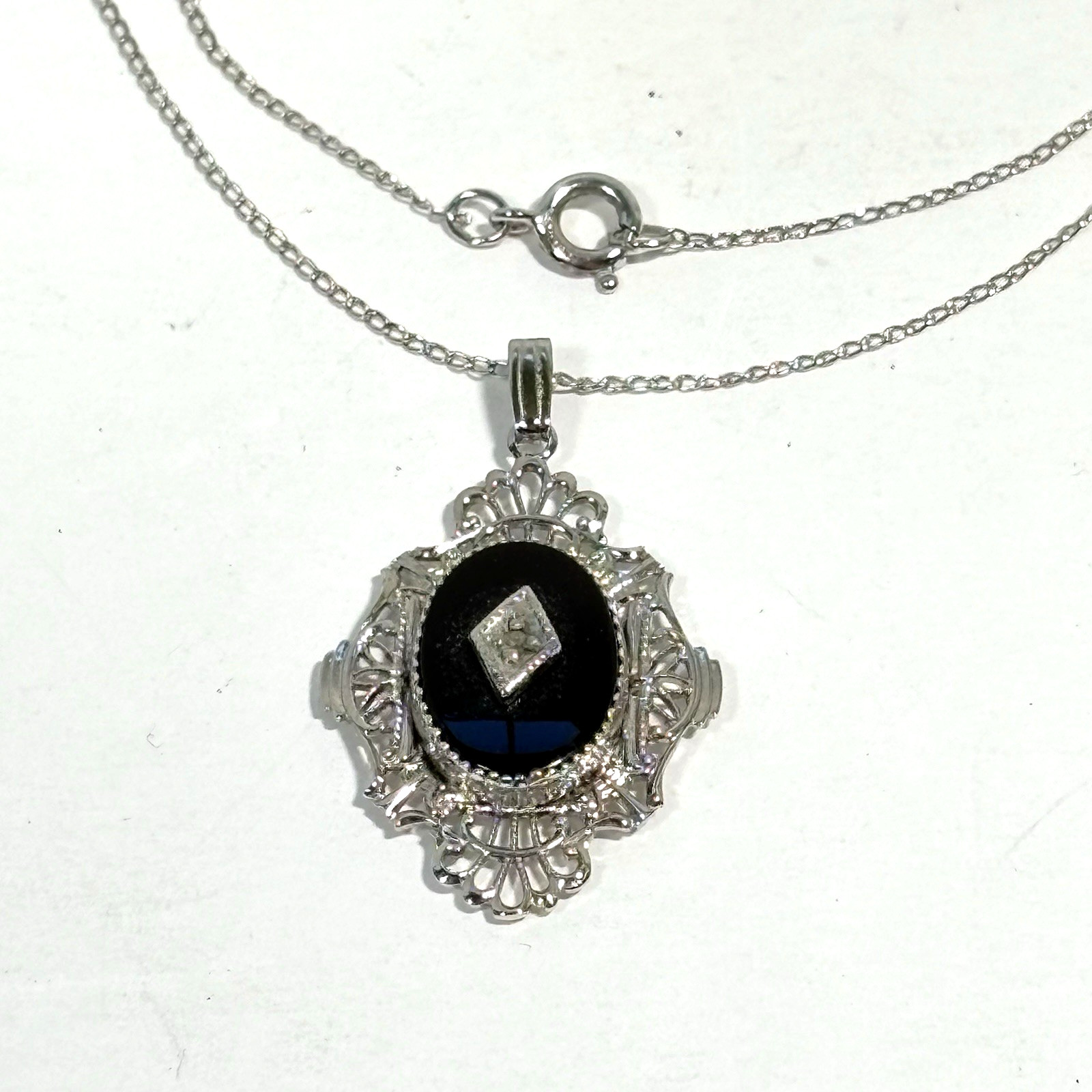 VTG Art Deco Black Onyx Diamond Filigree Pendant Necklace Sterling Silver 18″