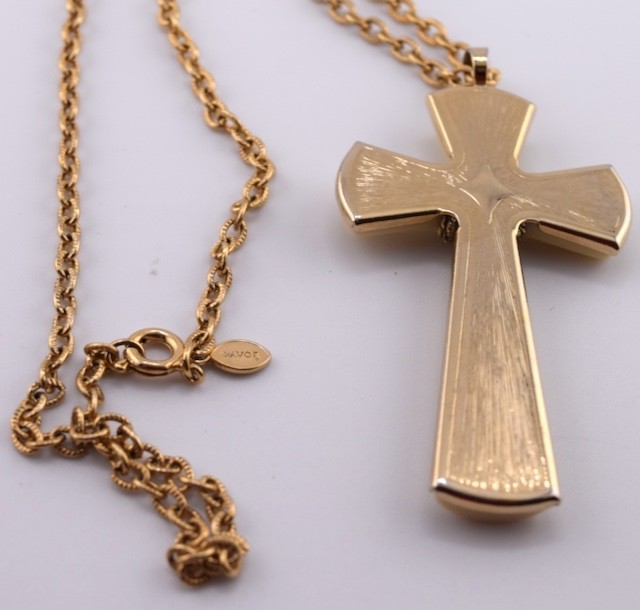 Vintage 1970’s Avon “Juliet” Cross Pendant Necklace Ivory Color, Gold Tone Chain