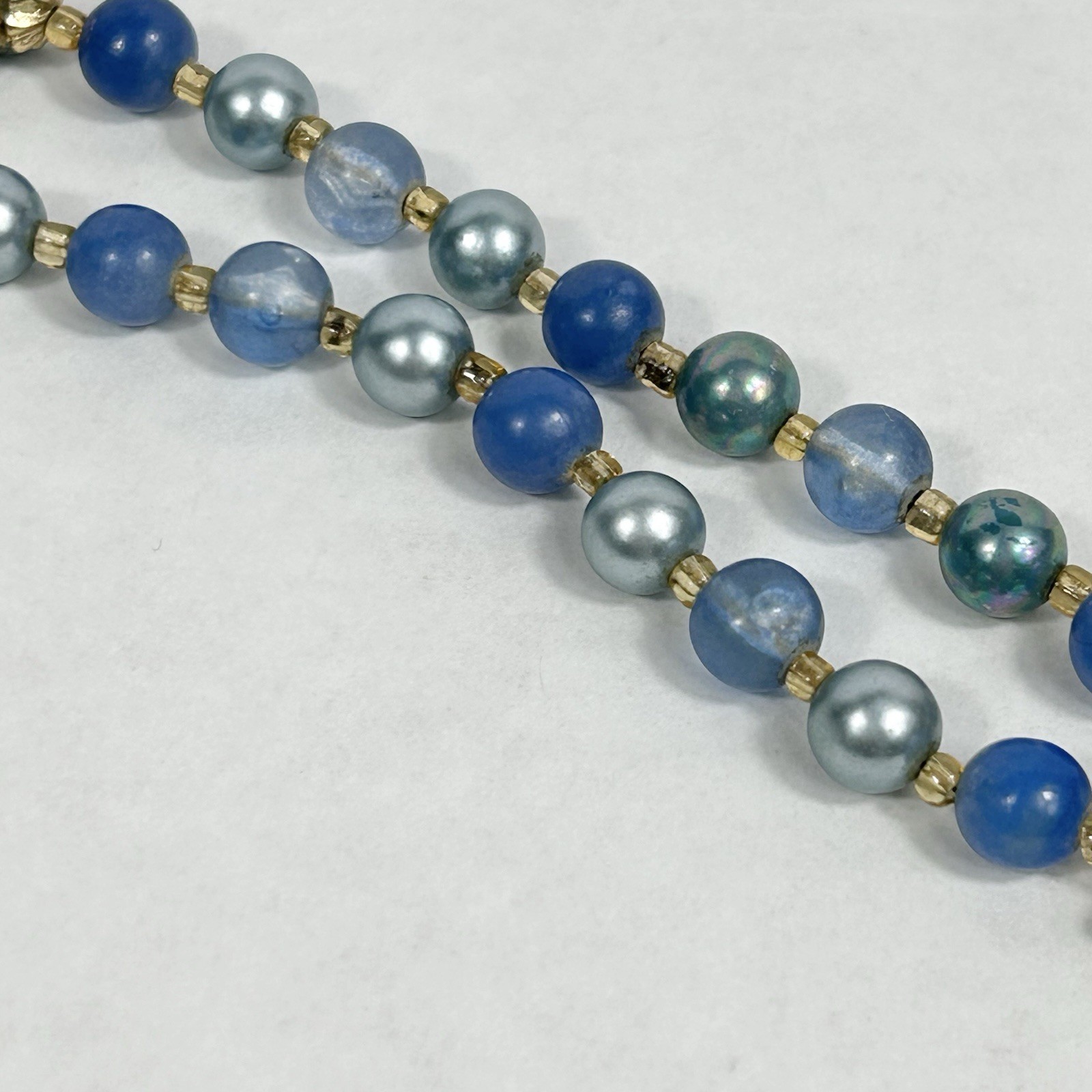Vintage JAPAN Double Strand Blue Bead Necklace 17.5” Faux Pearl Acrylic Glass