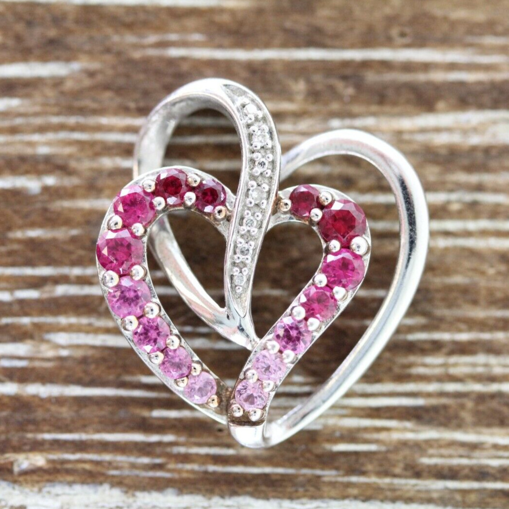 VINTAGE HEART RED RUBY DIAMOND ACCENT STERLING SILVER 925 PENDANT NATURAL STONE