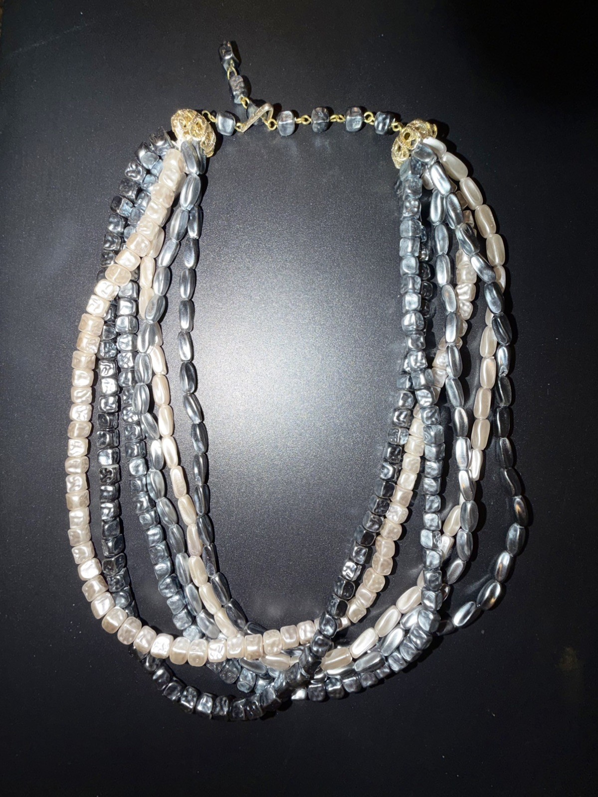 Vintage Hong Kong Marbled Gray Beads Different Shapes Multi Strand Necklace