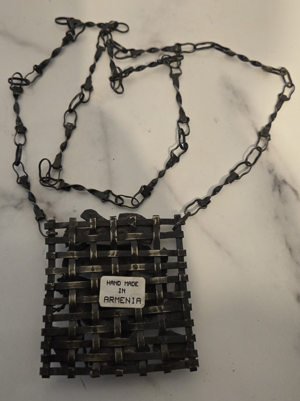 Vintage Brutalist Pendant Necklace Brass Bronze Tone Metal Necklace