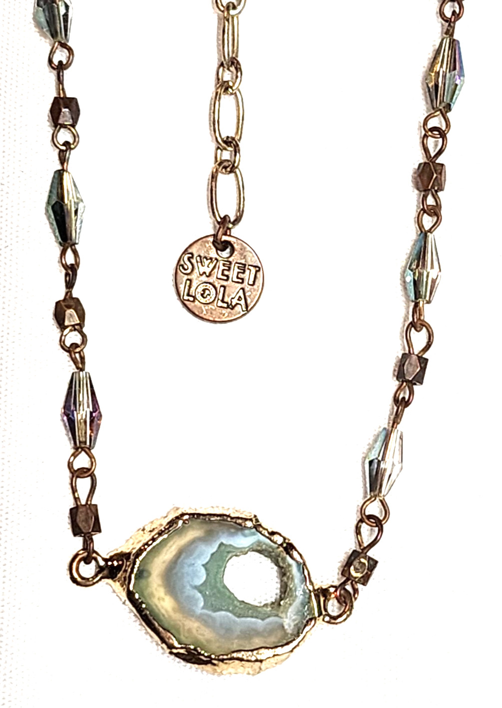 Vintage Sweet Lola Brass Blue Green Beaded Geode Pendant Necklace 17″ Choker