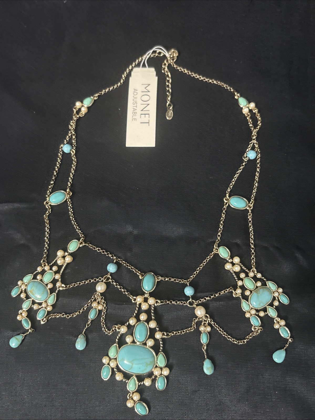 Monet Festoon Necklace Gold Tone, Faux Pearl Victorian Revival Design 15”