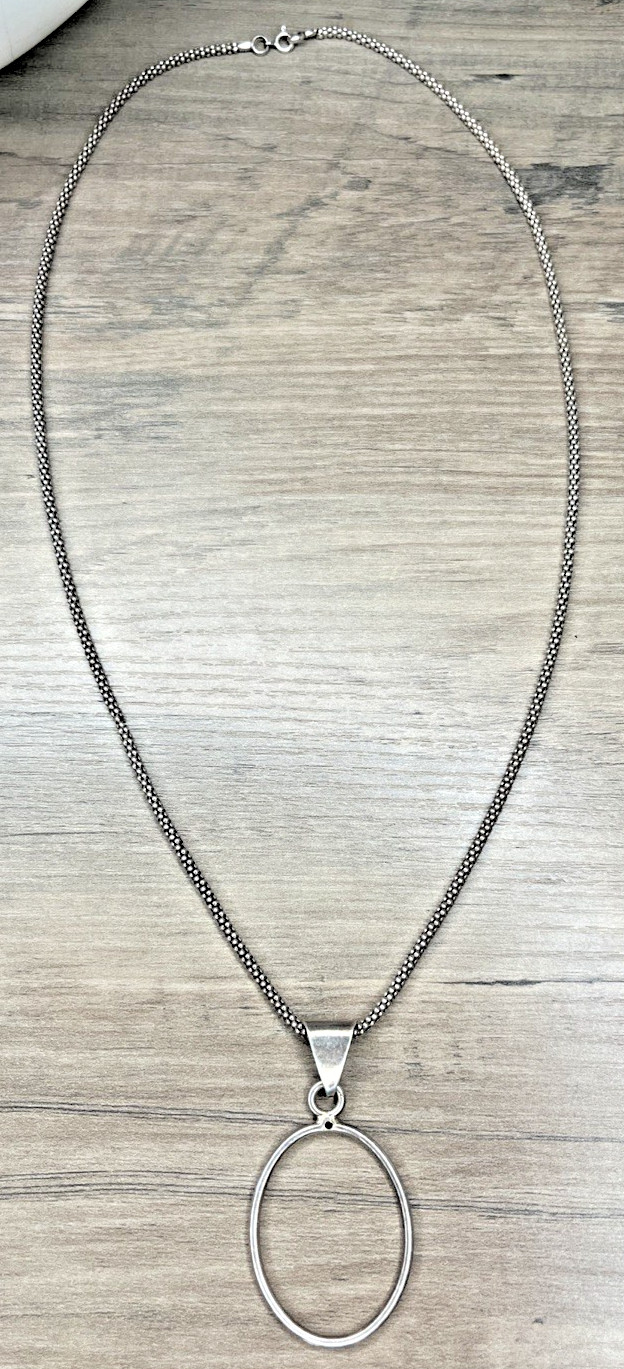 VTG Modernist Sterling 925 Popcorn Chain Necklace & Oval Openback Bezel Pendant