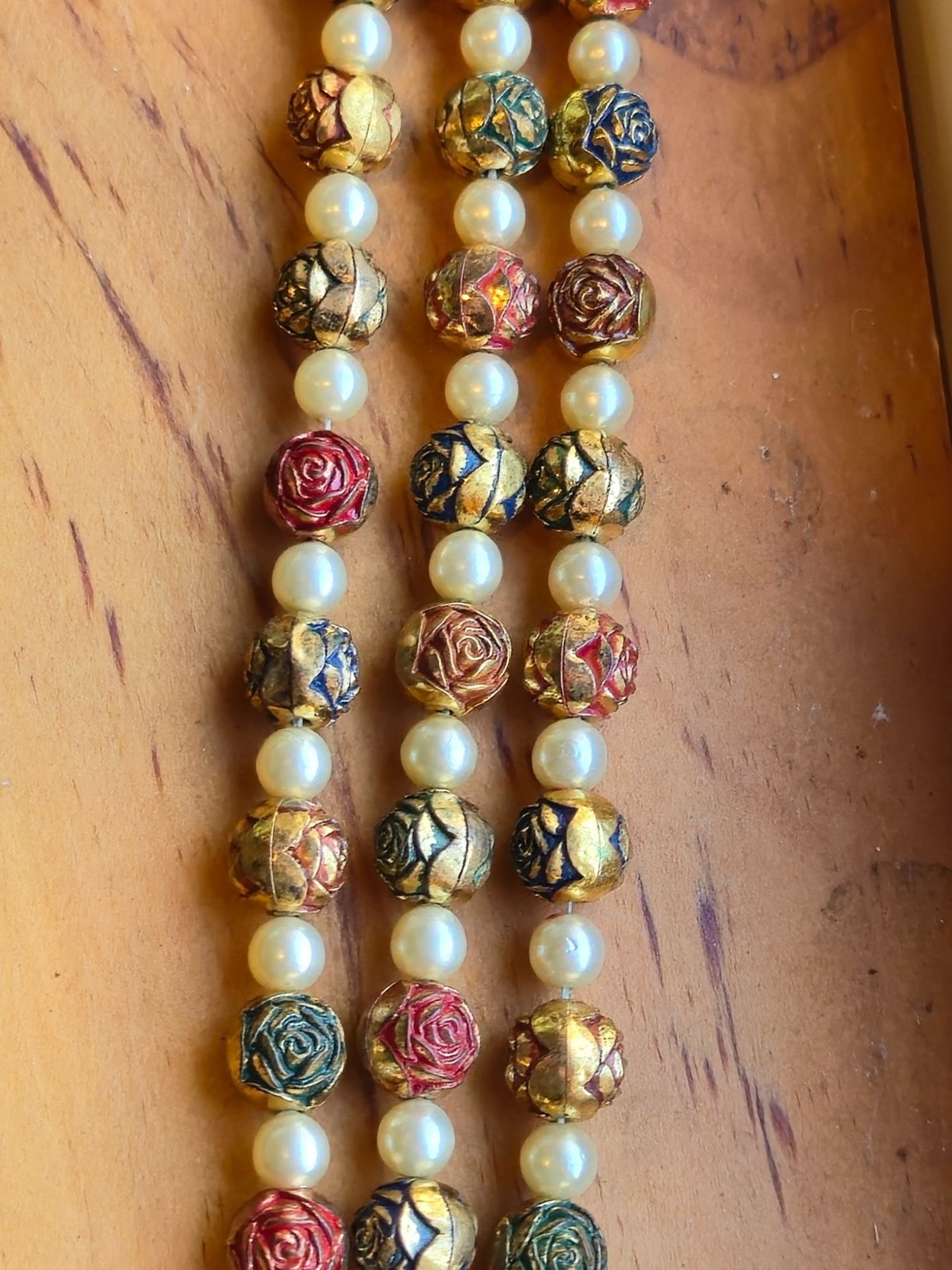 Vintage brass Beaded bracelet Gold Red & Green Metallic Accents & Faux Pearls