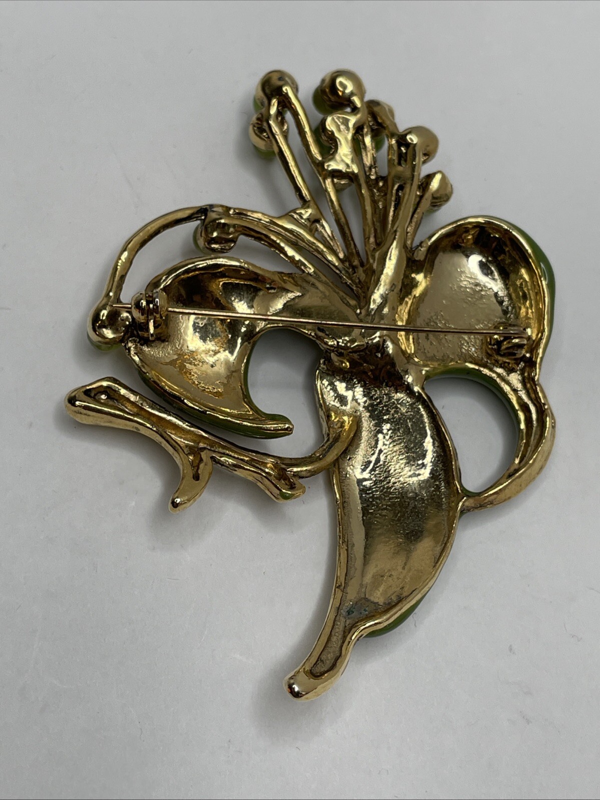 Vintage Green Enamel Floral Brooch Pin with Green Rhinestones and Cabochons RARE