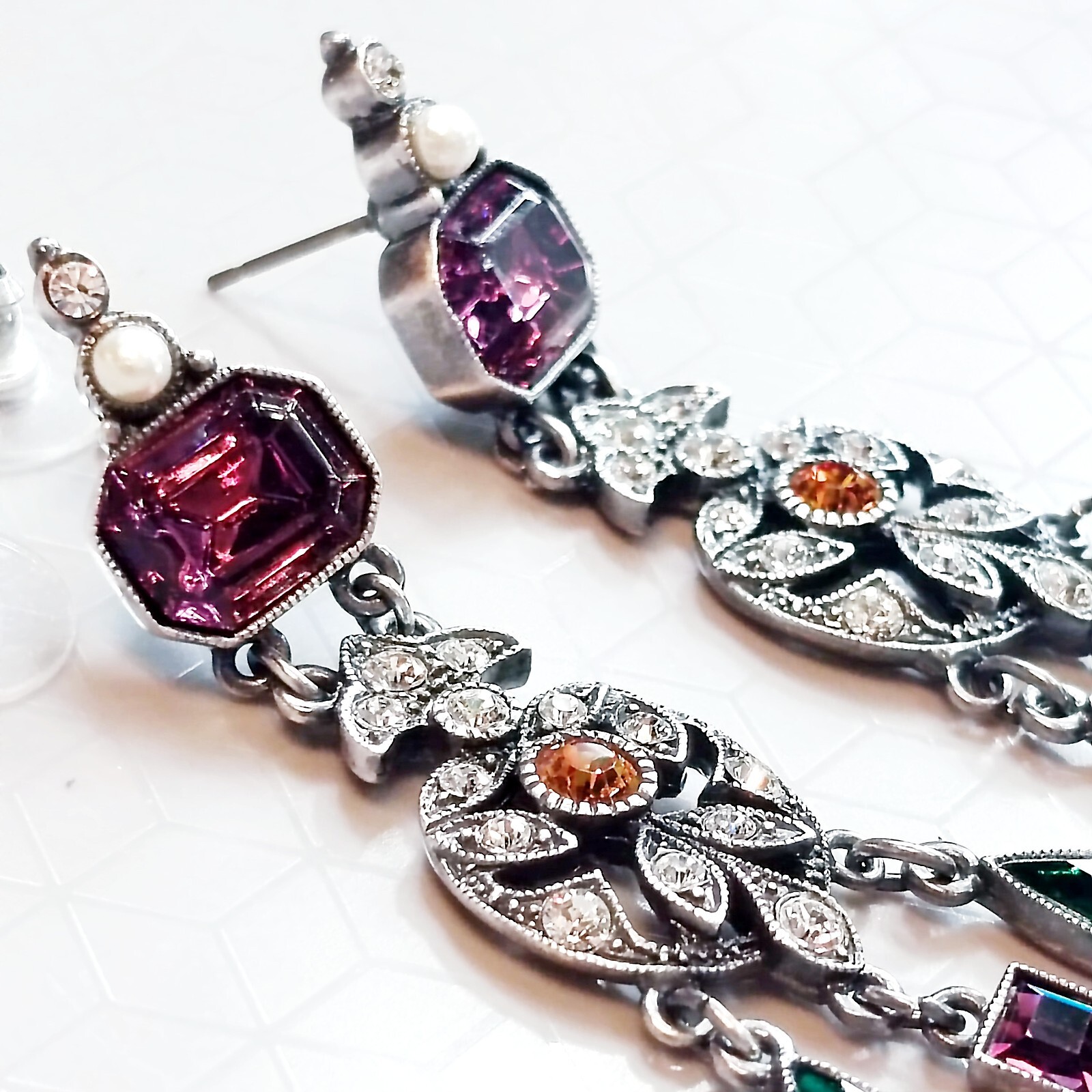 BEN-AMUN Crystals Chandelier Silver Tone Earrings , Length 3.2 inch