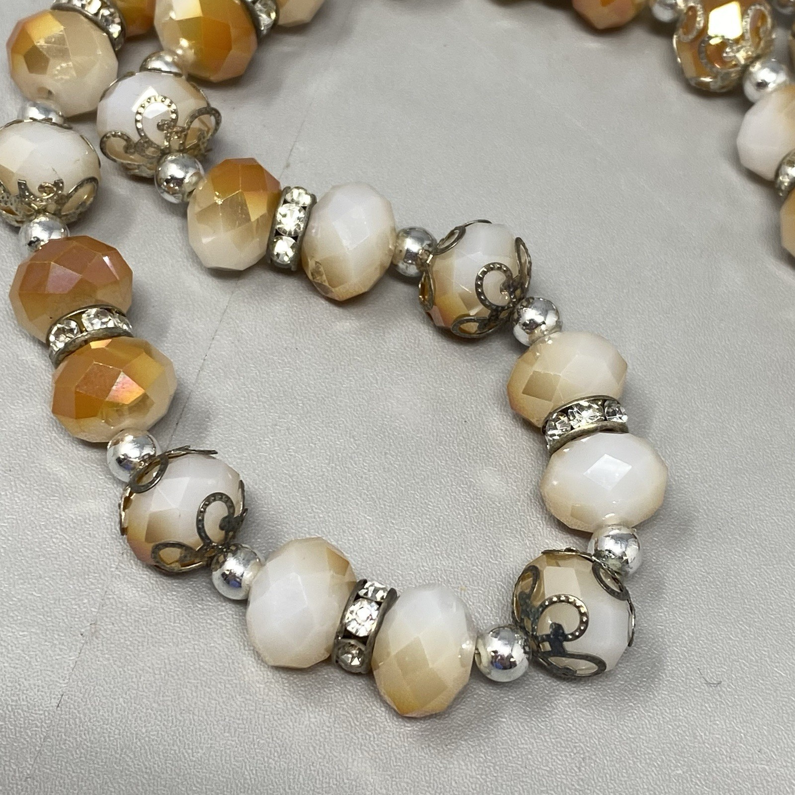 Glass Beaded Necklace White Orange Faceted Fire Polished Metal Caps Collar 21″