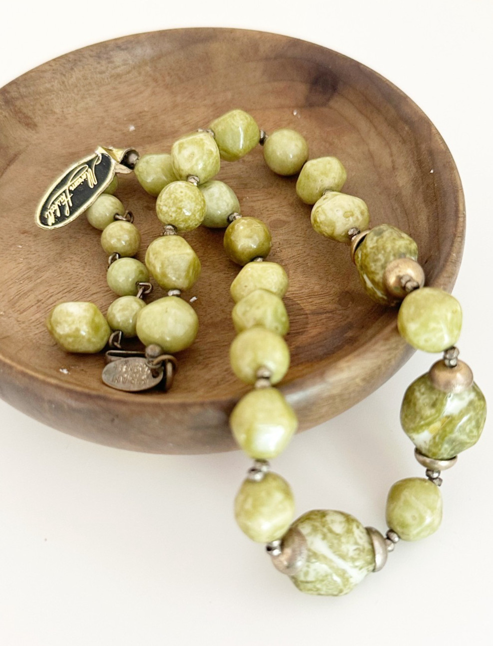 Vintage Signed Miriam Haskell Marbled Green Glass Nugget Bead Statement Necklace
