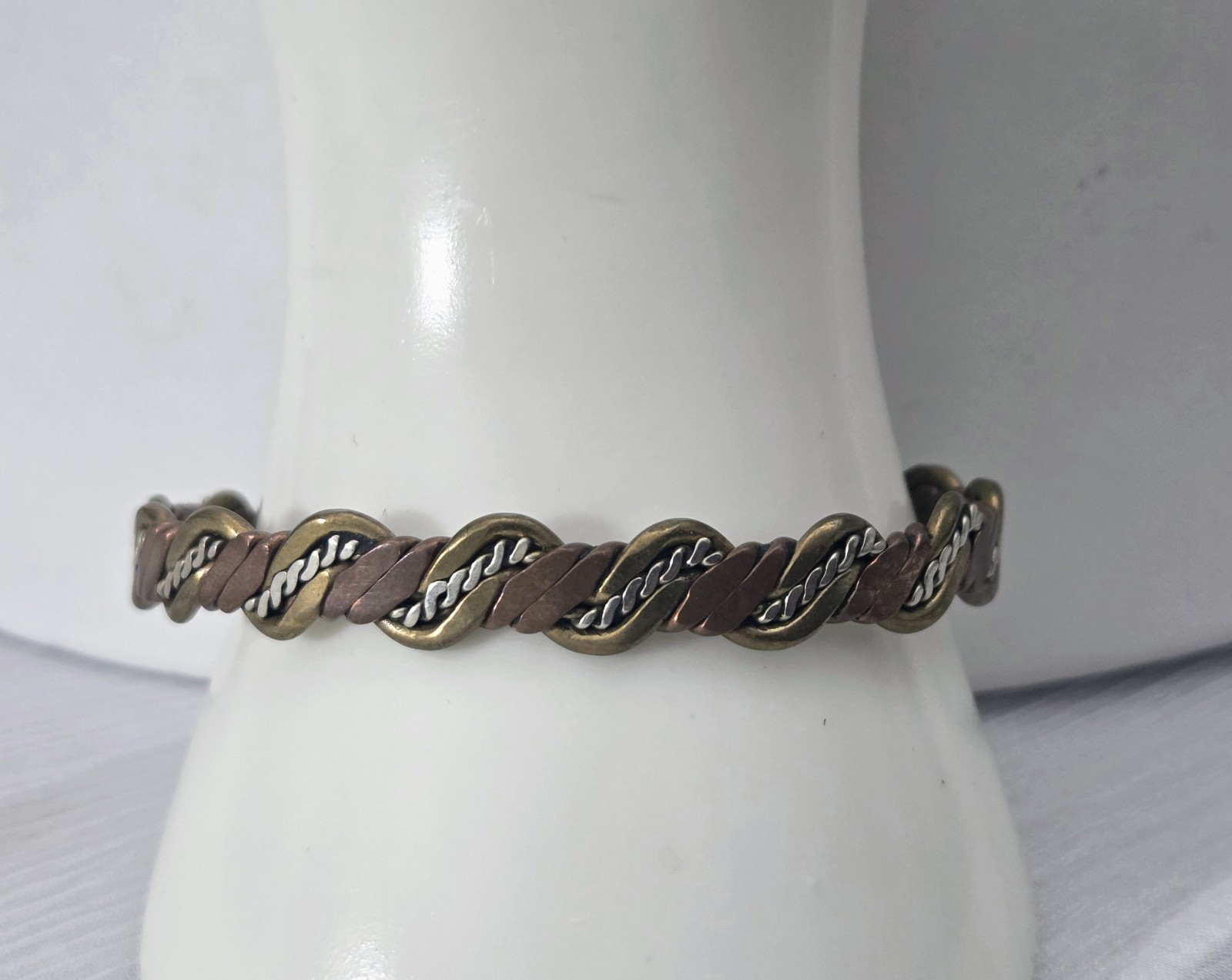 Vintage Cuff Bracelet Braided Brass Silver Copper Artisan Mixed Metals Handmade