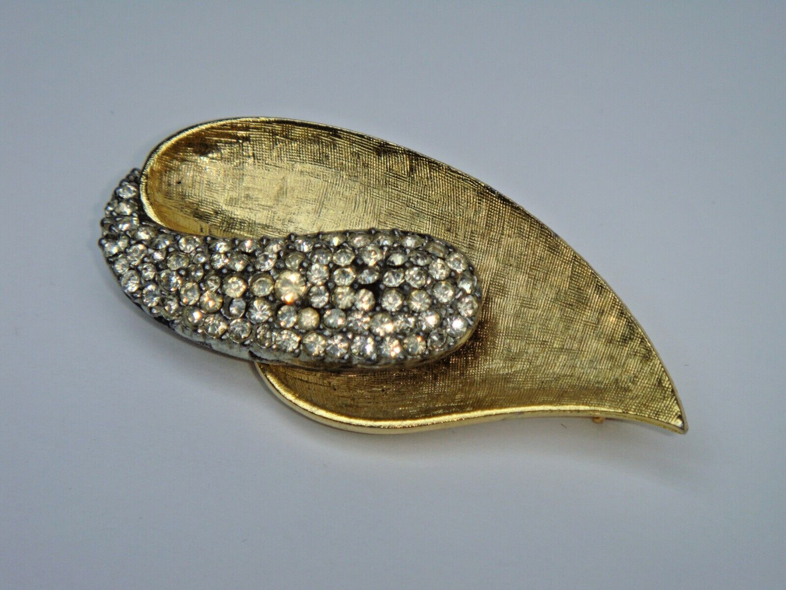 Leaf Pin-Brooch Brushed Yellow Gold-Tone with Crystal Rhinestones Signed B.S.K.