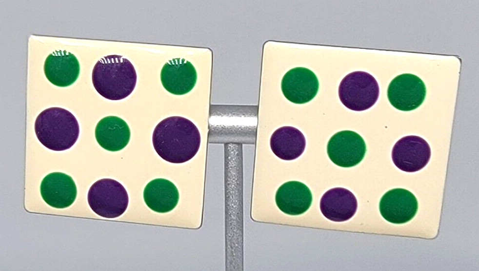 Polka Dot Earrings Purple Green White Enamel Mod Silver Tone Pierced Vintage