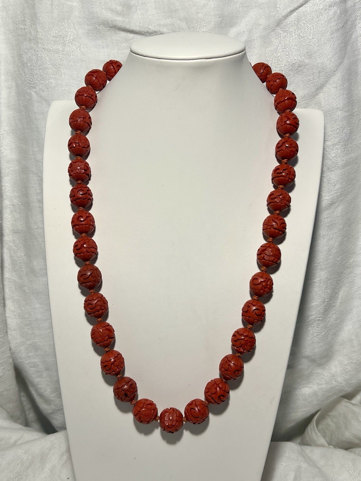 Vtg. 26” Chinese Carved Cinnabar Lacquer 1/2”Bead Necklace Silver Filigree Clasp