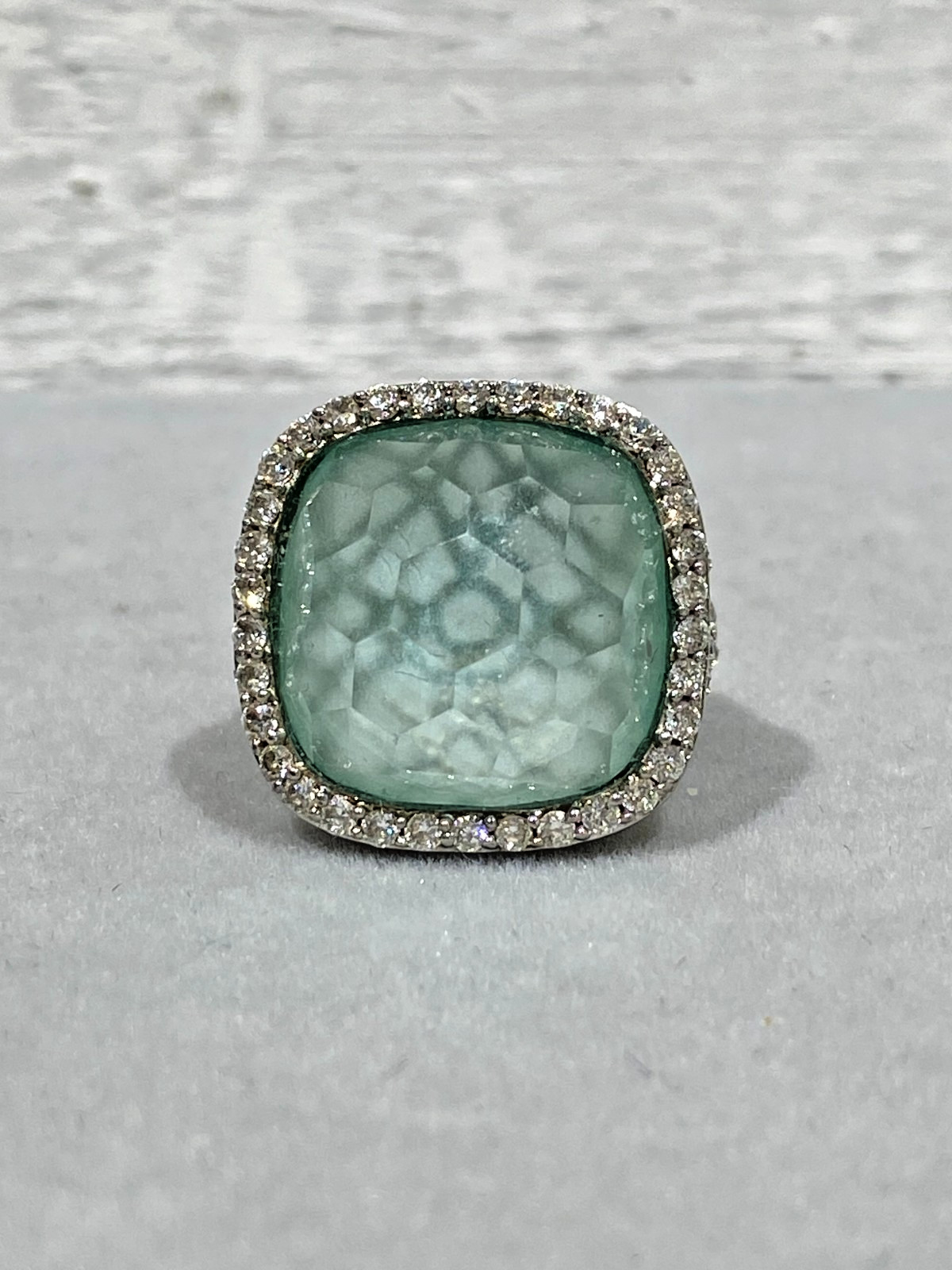 Vintage Sterling Silver Green Chalcedony Cushion Cut & CZ Ring 4.5 stamped ‘f’