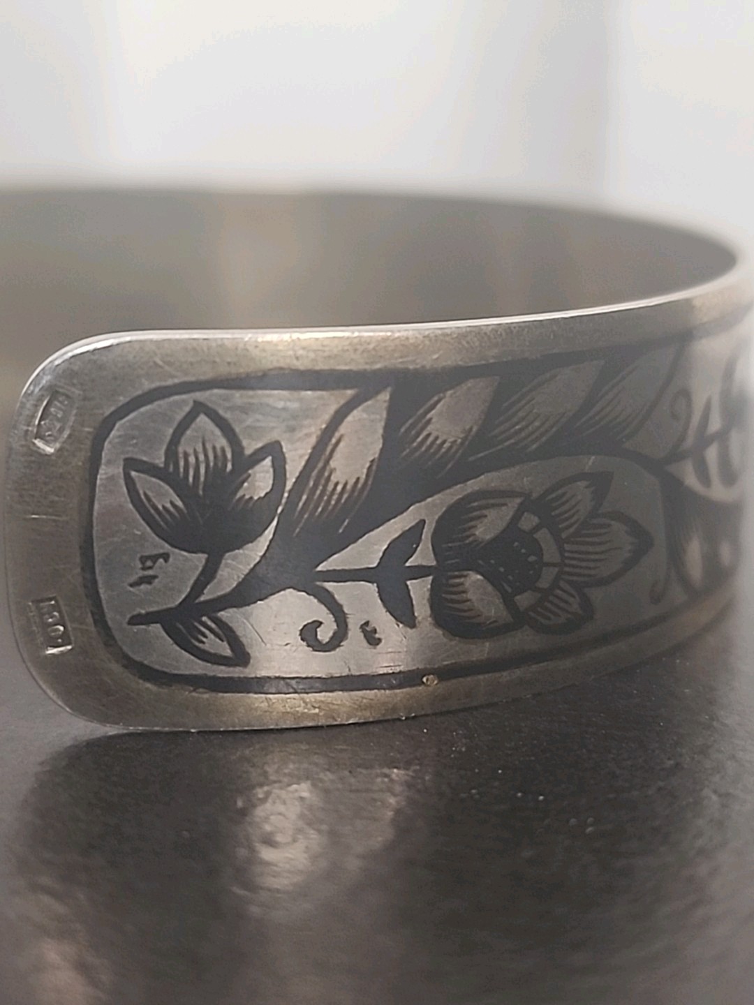 Vintage Soviet era 875 Sterling Silver Cuff Bracelet Niello Floral Design russia