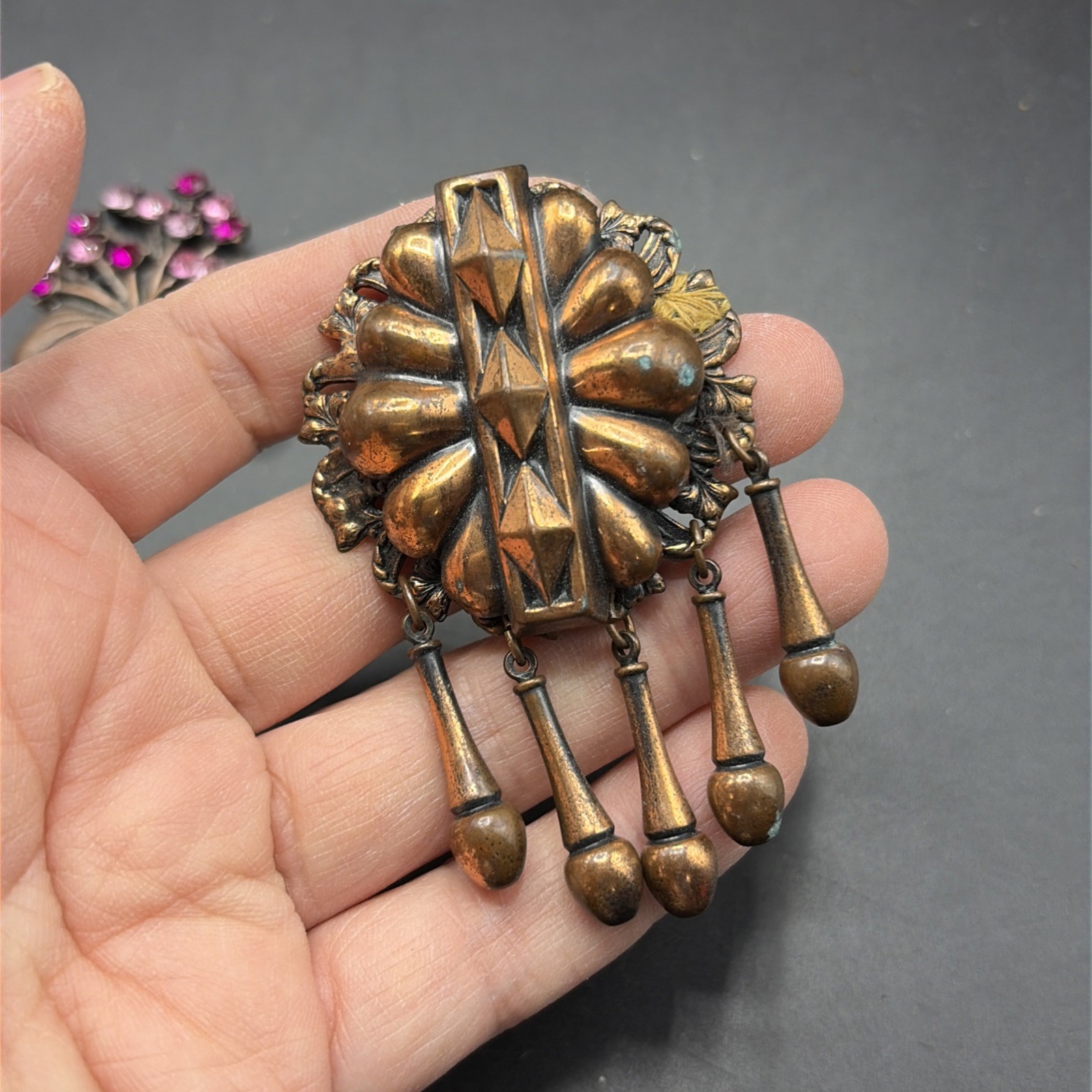 Lot Of 4 Vintage Bronze Finish Brass Brooch Pin Purple Pink Red Kaywin Nov *READ